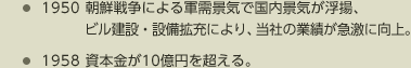 1950 朝鮮戦争による軍需景気で国内景気が浮揚、ビル建設・設備拡充により、当社の業績が急激に向上。　1958 資本金が10億円を超える。