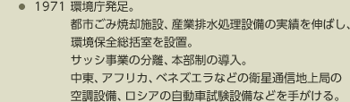 1971 環境庁発足。都市ごみ焼却施設、産業排水処理設備の実績を伸ばし、環境保全総括室を設置。サッシ事業の分離、本部制の導入。中東、アフリカ、ベネズエラなどの衛星通信地上局の空調設備、ロシアの自動車試験設備などを手がける。